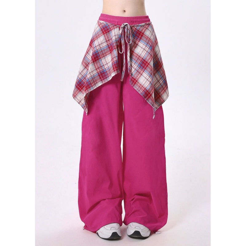 Elegant Rose Elastic Waist Patchwork Exra Large Hem Cotton Pants Spring