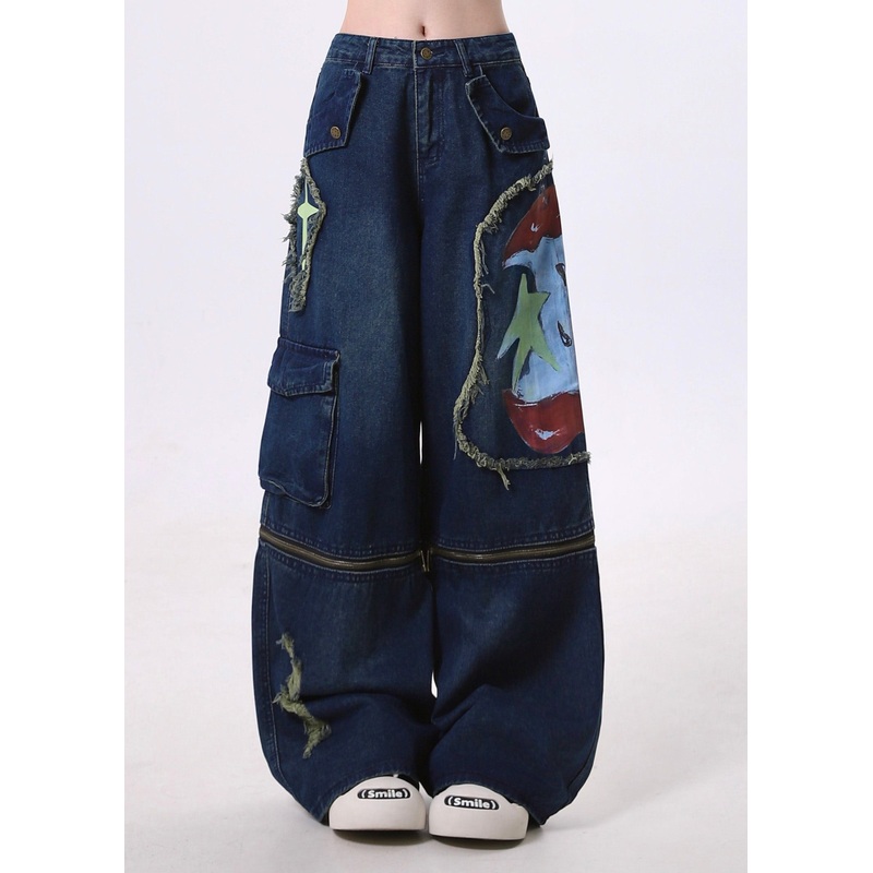 Fitted Navy Patchwork Wear On Both Sides Denim Ripped Pants Spring