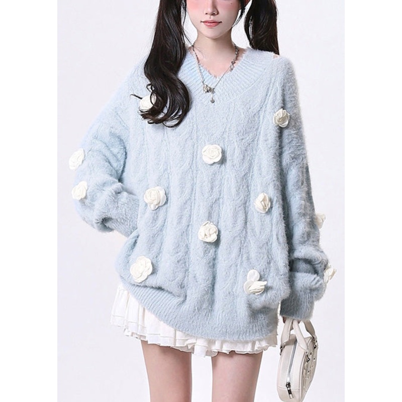 Fitted Sky Blue Cold Shoulder Floral Knit Pullover Spring
