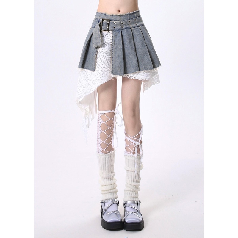 French Blue Asymmetrical Patchwork Lace Denim Skirts Summer