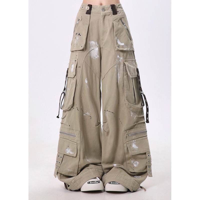 Italian Khaki Oversized Pockets Cotton Wide Leg Pants Spring