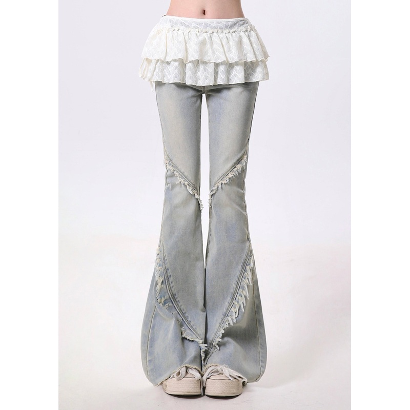 Italian Light Blue Tasseled Patchwork Ruffles Denim Bell-bottom Trousers Spring