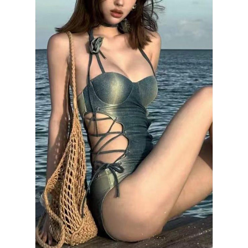 Luxury Club Halter Tie Waist Denim Bodysuit
