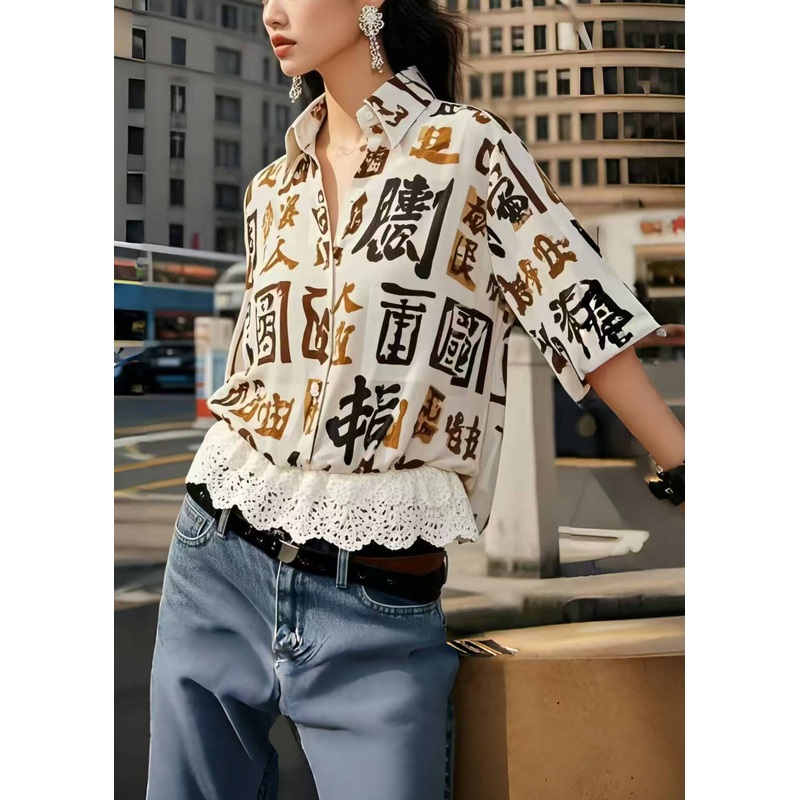 Modern Oversized Patchwork Lace Shirts Half Sleeve