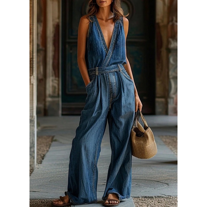 New Blue V Neck Pockets Denim Jumpsuit Sleeveless