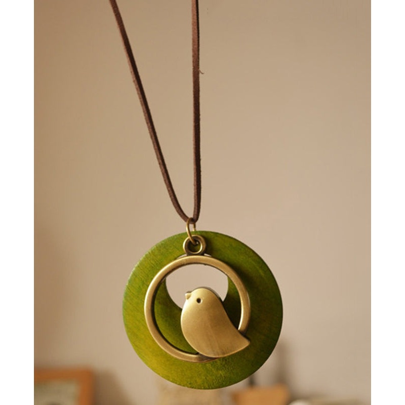 Retro Green Cotton Fabric Little Bird Pendant Necklace