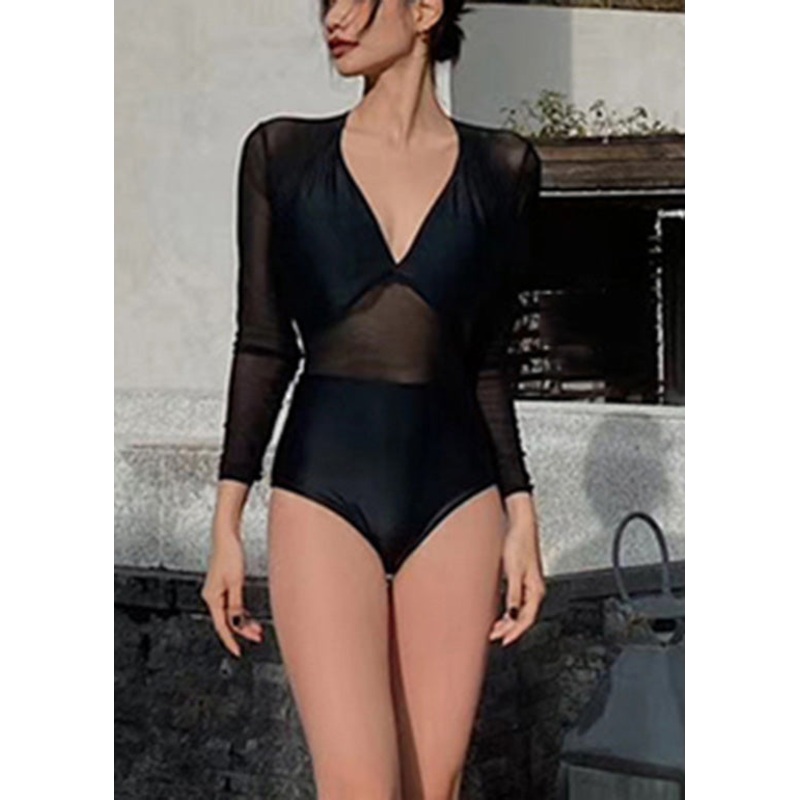 Sexy Black V Neck Solid Tulle Bodysuit
