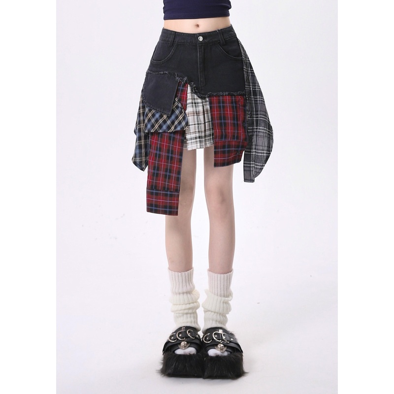 Silm Fit Black Asymmetrical Patchwork Denim Skirts Summer
