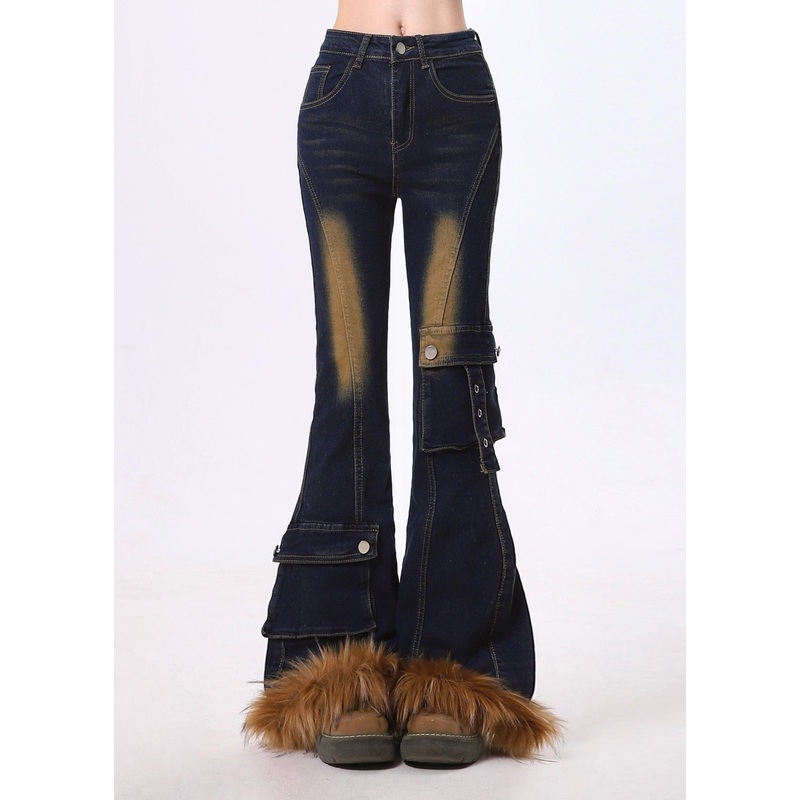 Silm Fit Navy Patchwork Faux Fur Cotton Flare Bottoms Pants Spring