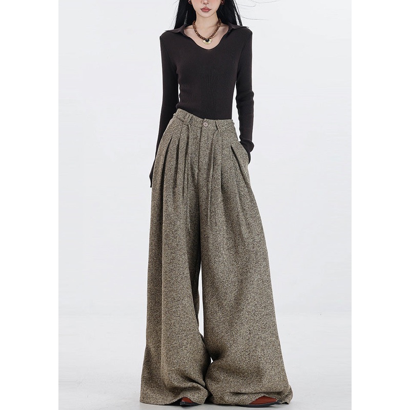 Simple Khaki High Waist Woolen Wide Leg Pants Spring