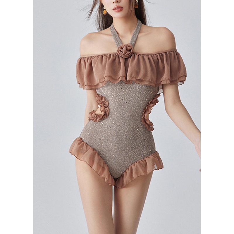 Style Coffee Ruffled Patchwork Sequins Bodysuit