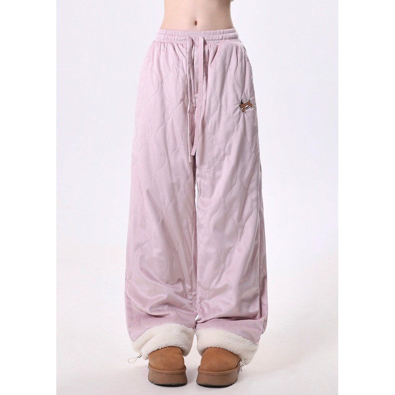 Style Pink Elastic Waist Patchwork Fine Cotton Filled Pants Winter