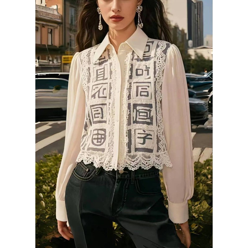 Style White Hollow Out Patchwork Lace Chiffon Shirts Spring