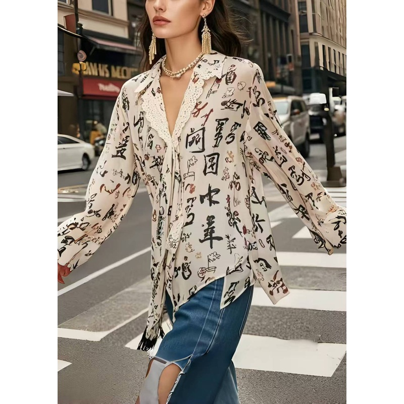 Stylish Apricot Asymmetrical Print Chiffon Top Spring