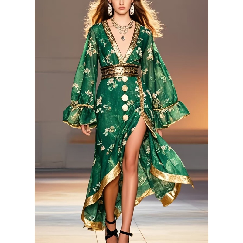 Tea Green Print Chiffon Tunic Dress Side Open Spring