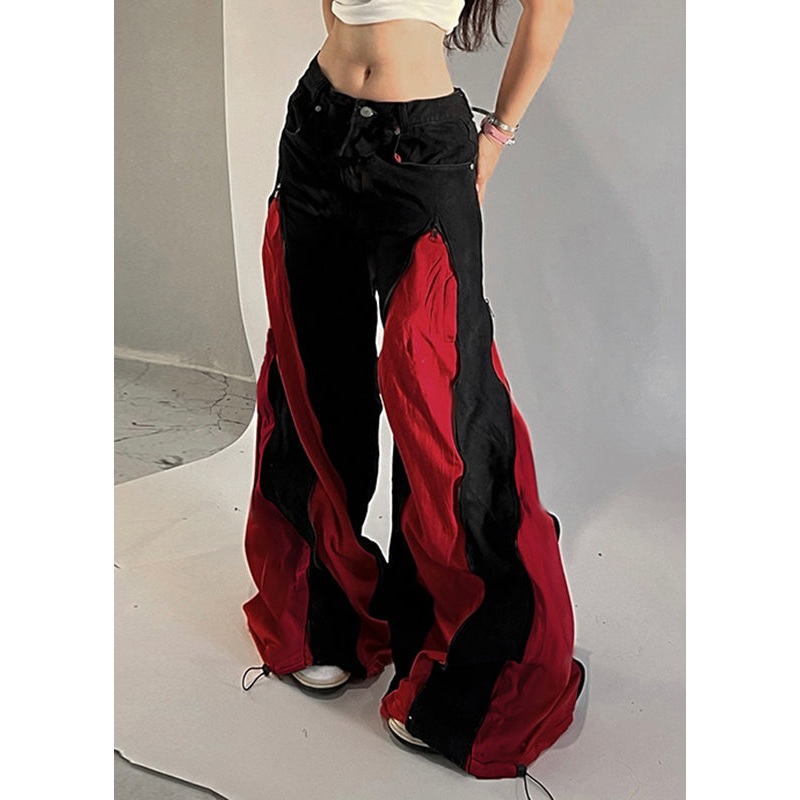 Unique Black Patchwork Drawstring Cotton Wide Leg Pants Spring