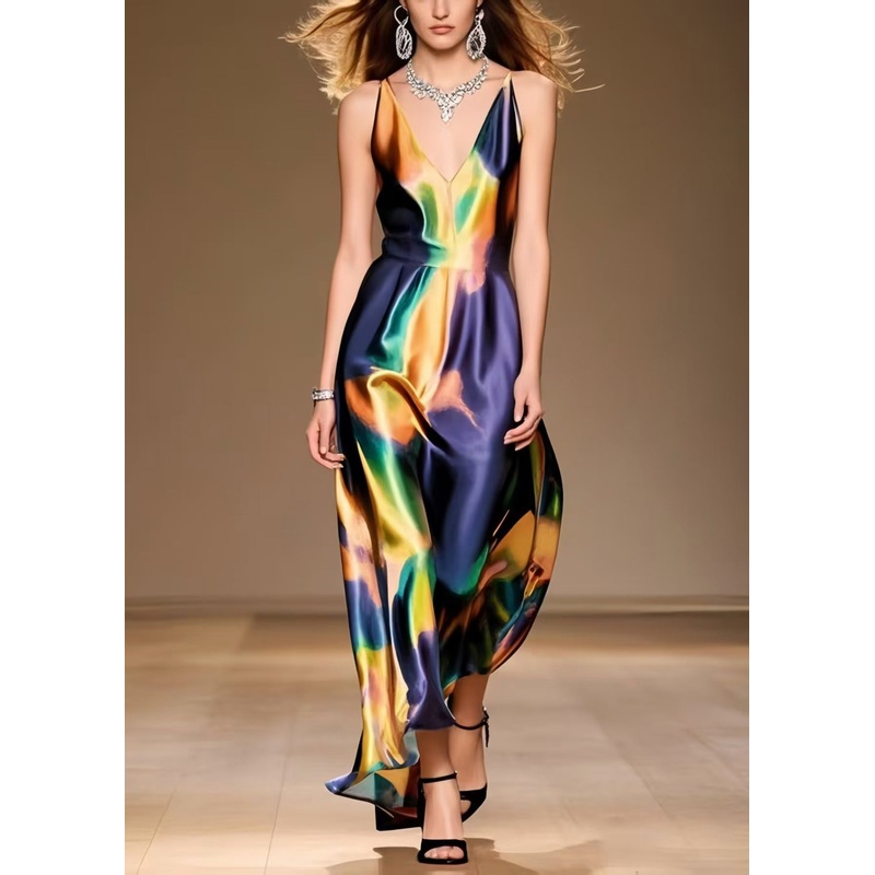 Unique Tie Dye Draping Silk Spaghetti Strap Dress Summer