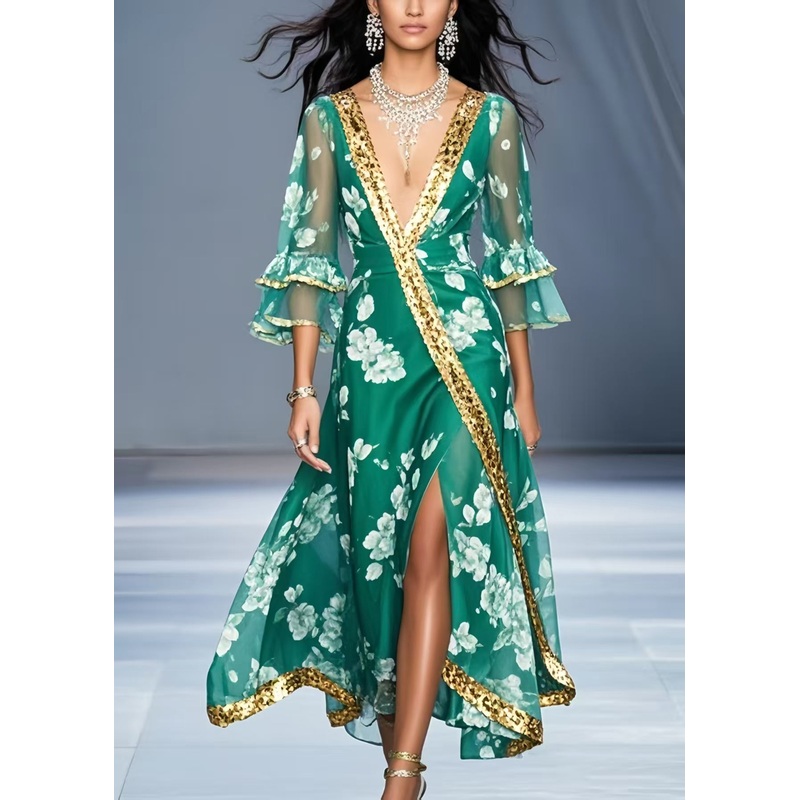 Vintage Green V Neck Print Chiffon Holiday Dress Flare Sleeve
