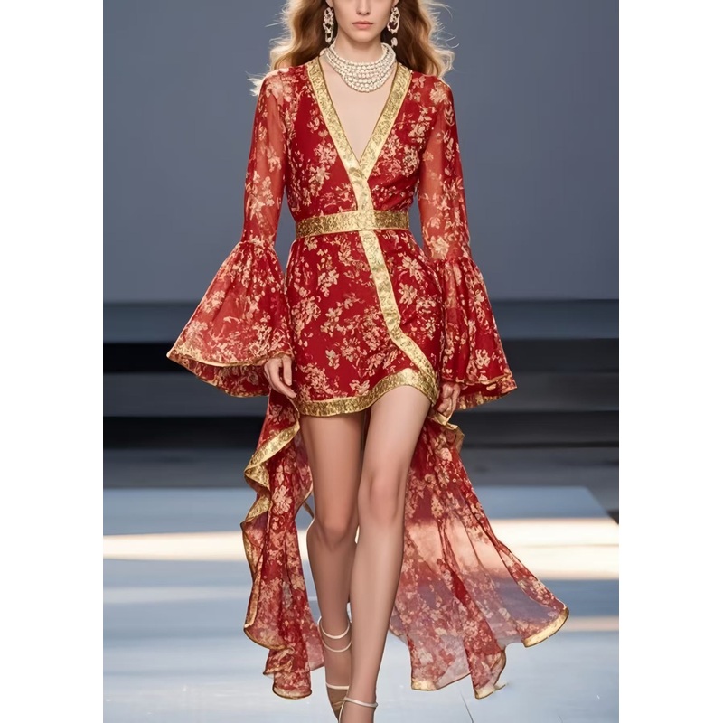 Vintage Red Print Asymmetrical Design Chiffon Mid Dress Flare Sleeve