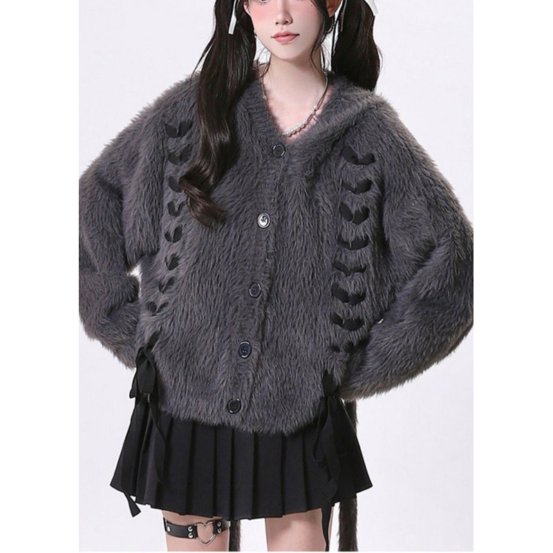 Women Dark Grey Oversized Bow Knit Rabbit Ears Hoodies Outwear Spring