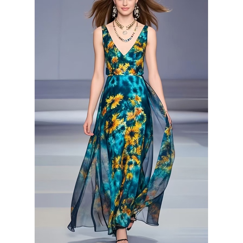 Women Peacock Blue Chrysanthemum Print Chiffon Dress Summer