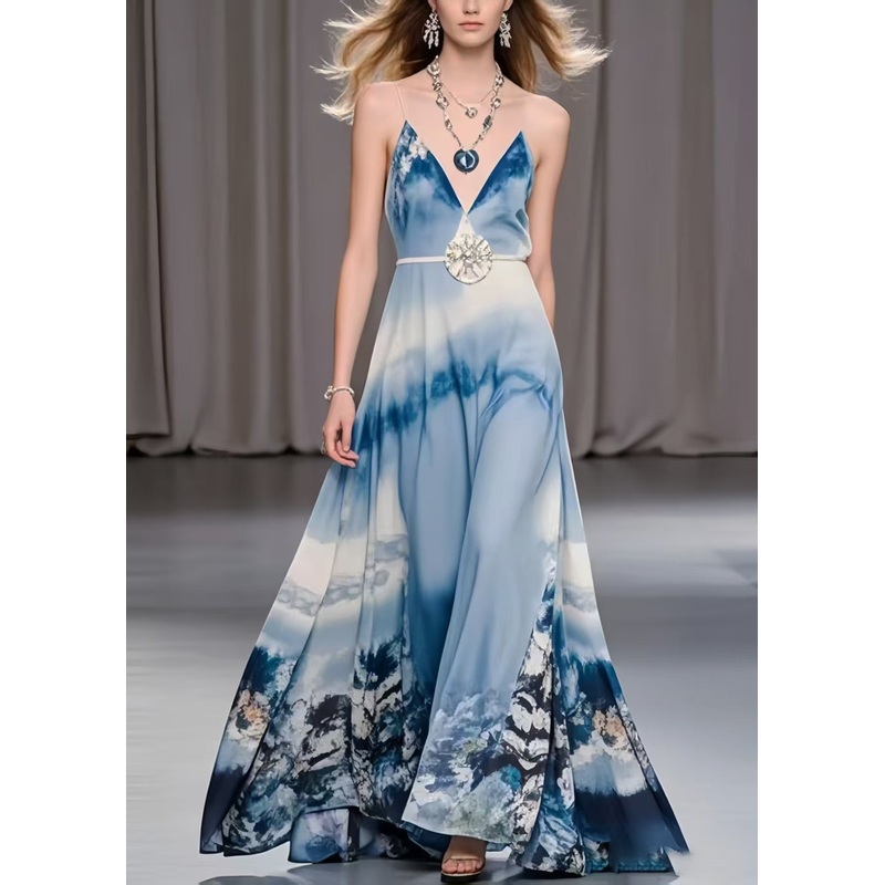 Women Sky Blue Print Exra Large Hem Chiffon Holiday Dress Summer