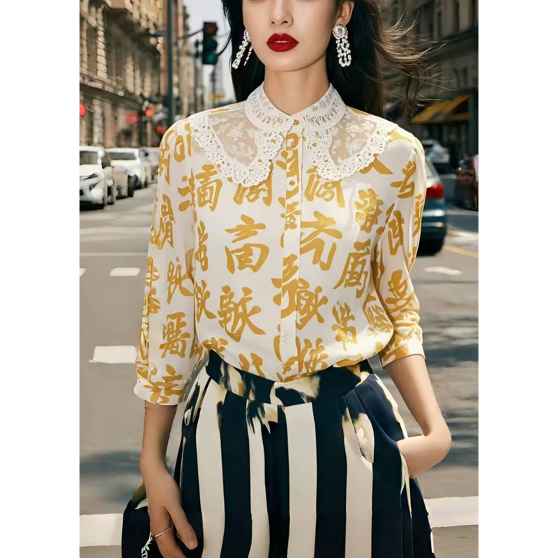 Yellow Print Chiffon Blouse Tops Bracelet Sleeve