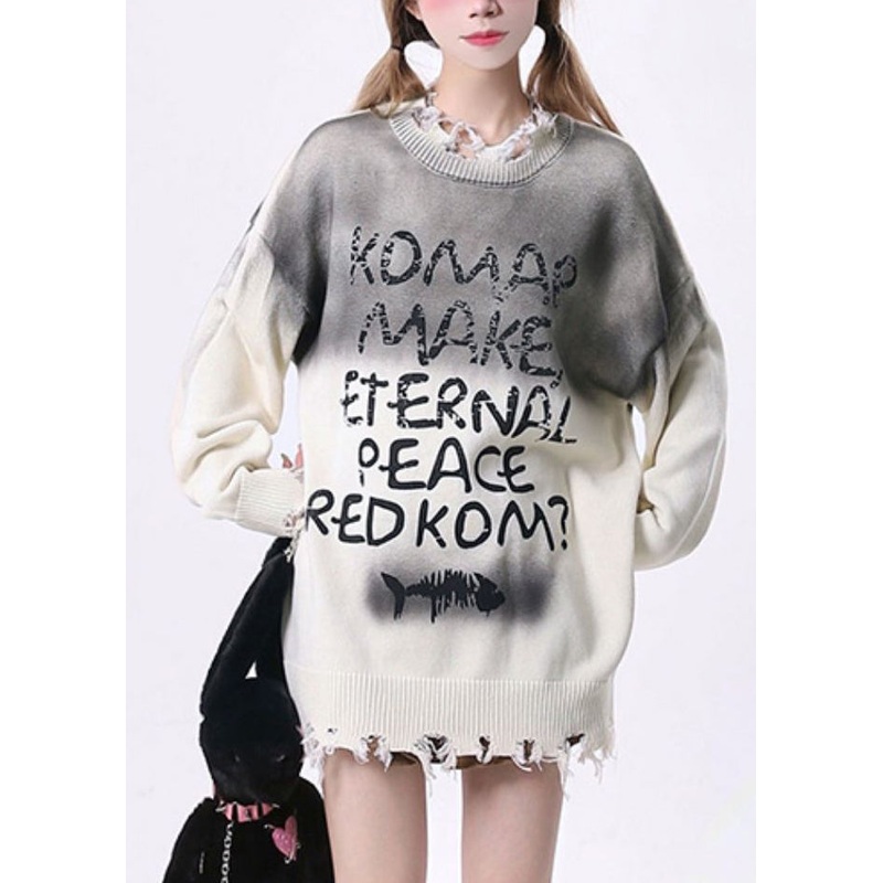 American Style Apricot Graphic Ripped Knit Sweaters Spring