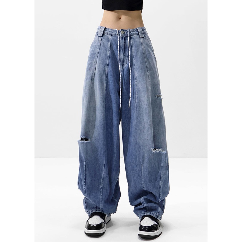 American Style Blue Pockets Drawstring Ripped Jeans Spring