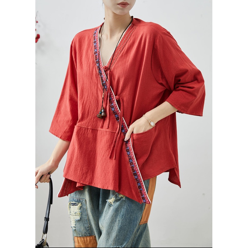 Art Red Embroidered Patchwork Cotton Shirts Summer