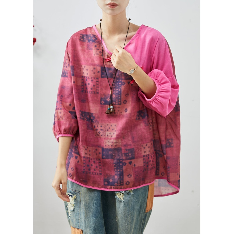 Art Rose Oversized Patchwork Chinese Button Linen Blouses Spring