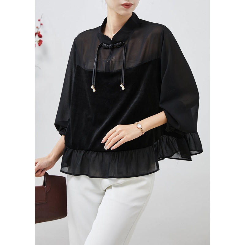 Beautiful Black Tasseled Patchwork Chiffon Shirts Spring