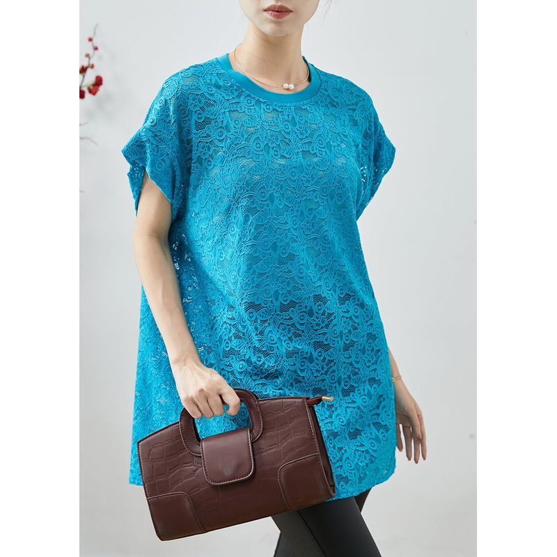Beautiful Blue Oversized Hollow Out Lace Tanks Summer