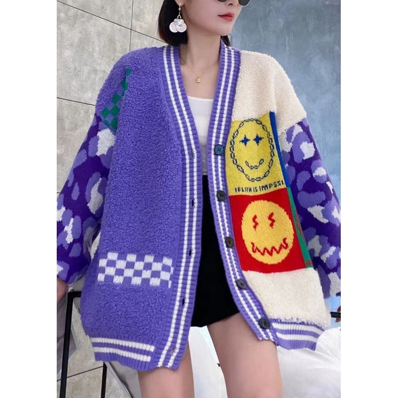 Beautiful Purple V Neck Button Patchwork Knit Cardigans Spring