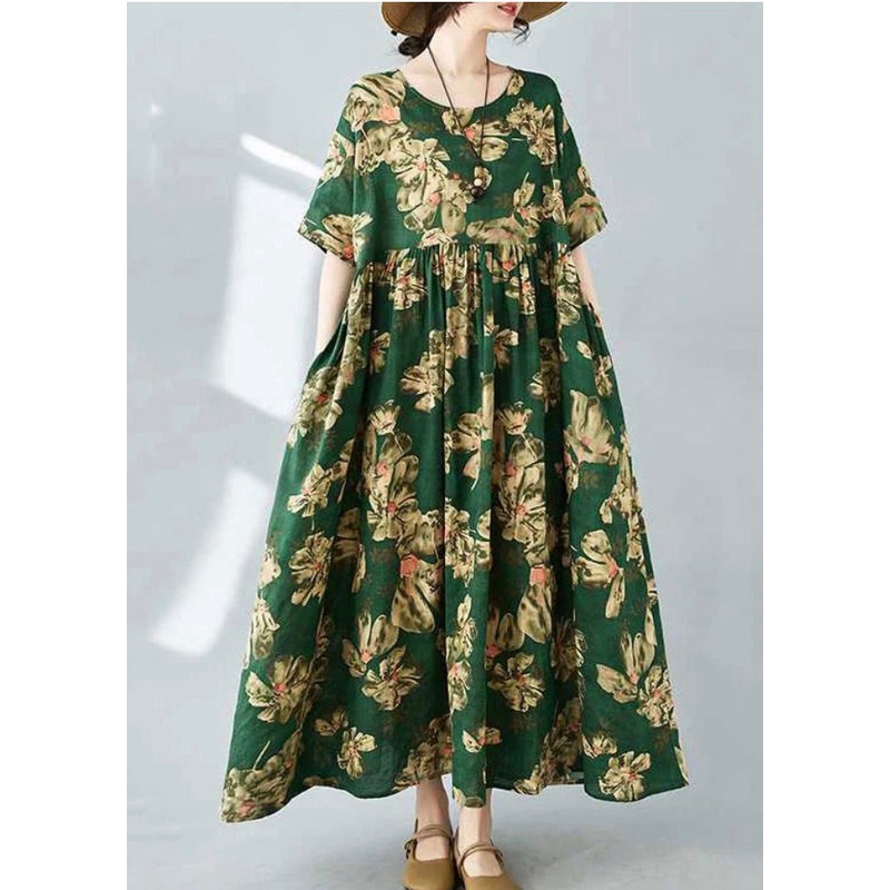 Beautiful Tea Green Oversized Print Cotton Holiday Dress Summer