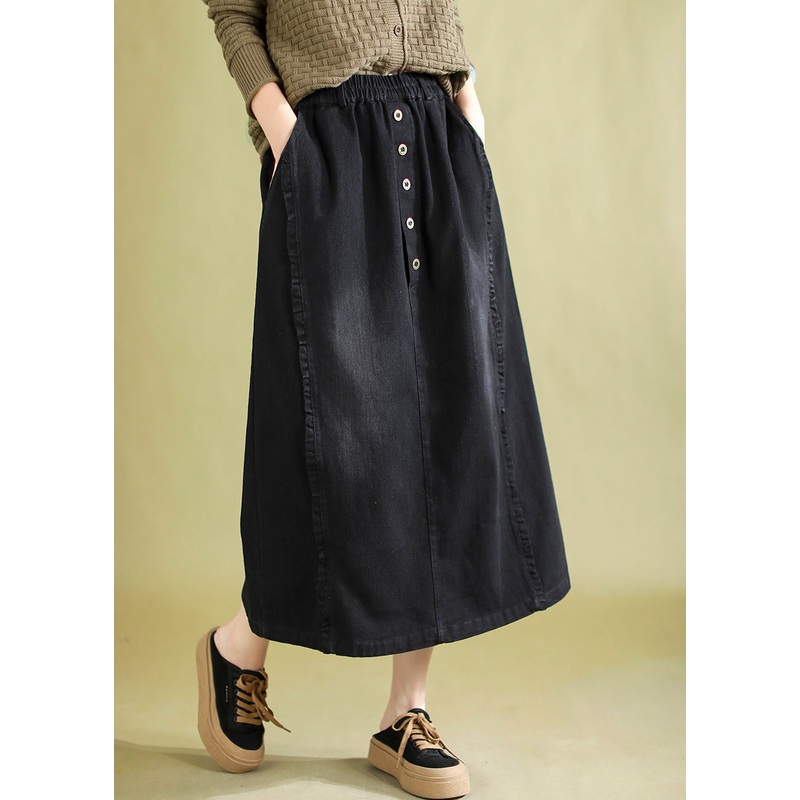 Black Denim Holiday Skirts Elastic Waist Ruffled Spring