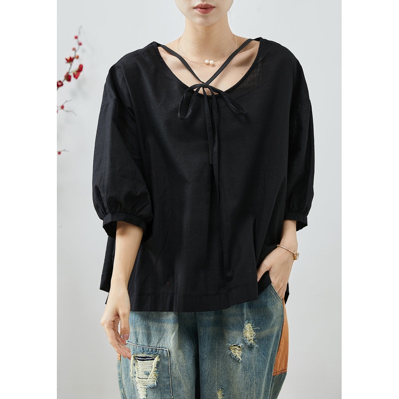 Black Oversized Cotton Shirt Top Lace Up Summer