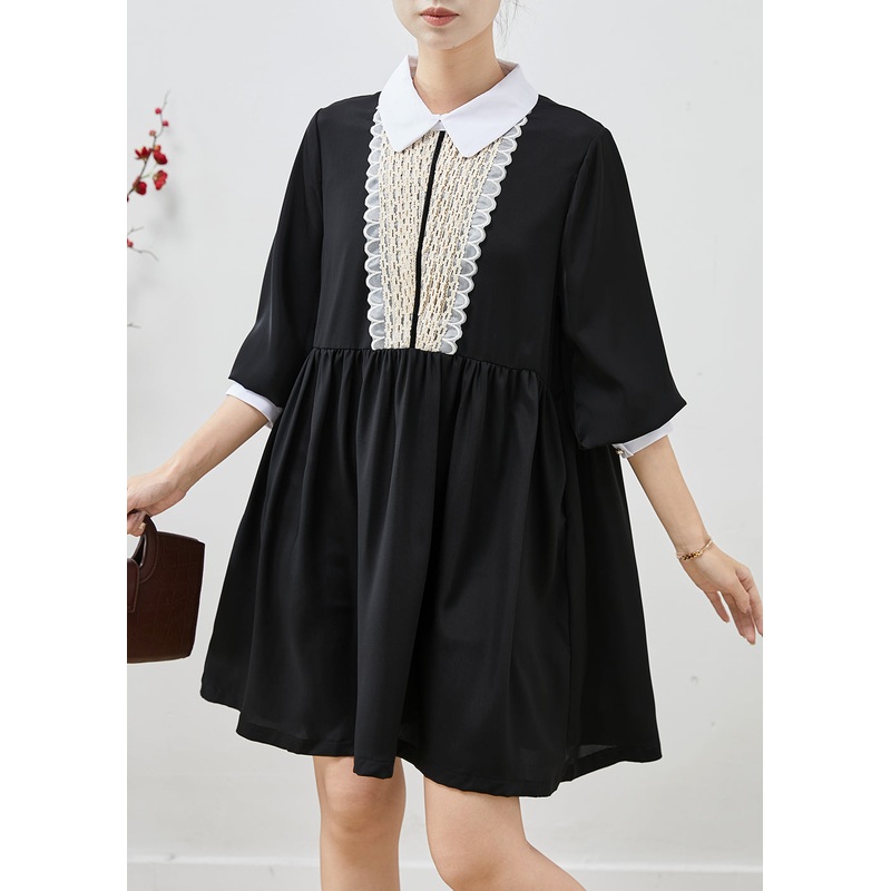 Black Patchwork Chiffon Day Dress Peter Pan Collar Summer