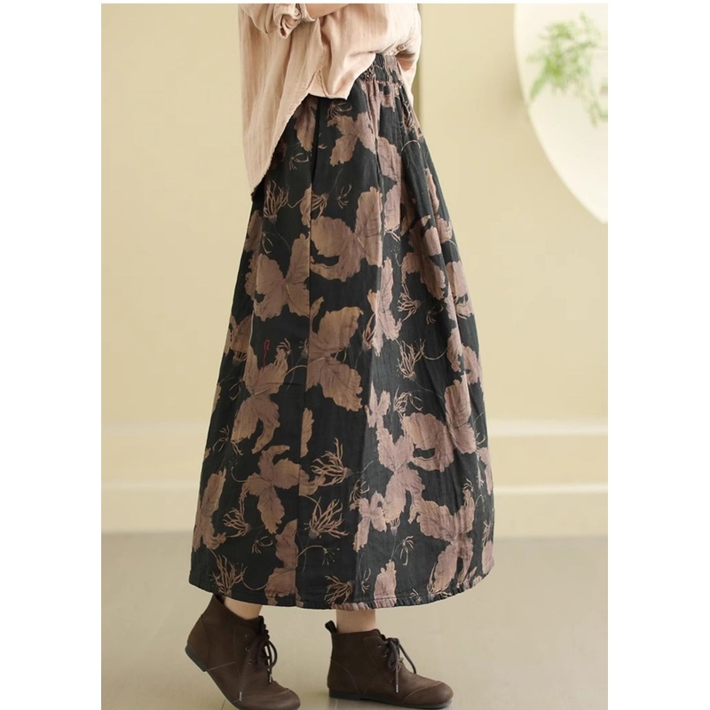 Black Print Cotton A Line Skirts Elastic Waist Spring