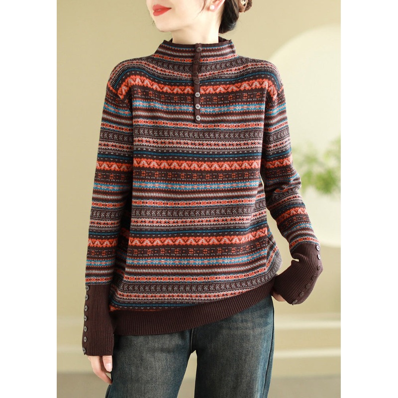 Bohemian Brown Stand Collar Striped Knit Sweaters Spring