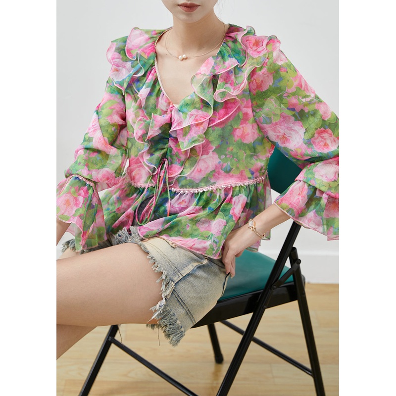 Bohemian Green Ruffled Print Chiffon Shirts Spring