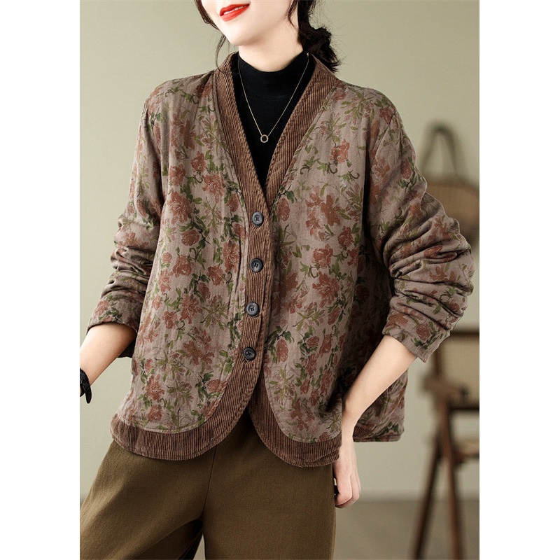 Bohemian V Neck Print Button Fine Cotton Filled Jackets Spring