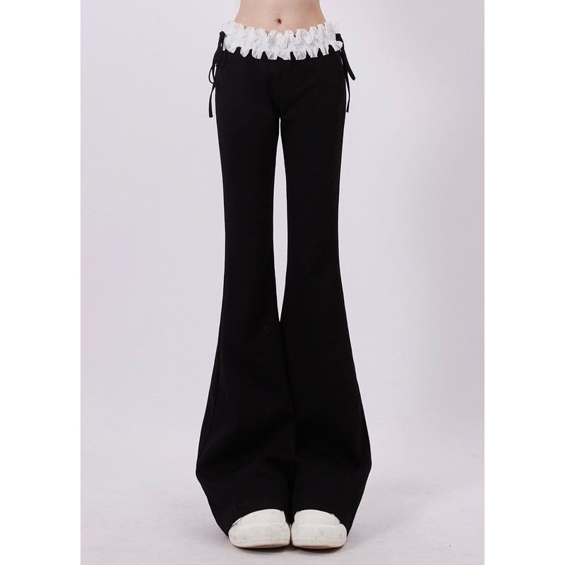 Boutique Black Lace Drawstring Patchwork Cotton Flared Trousers Spring