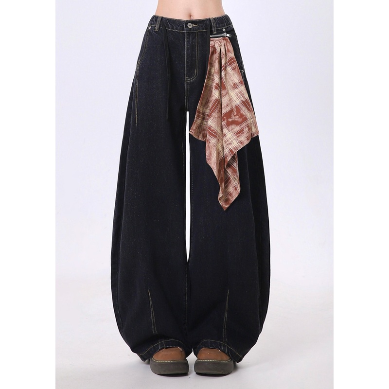 Boutique Black Pockets Scarf Patchwork Denim Wide Leg Pants Spring