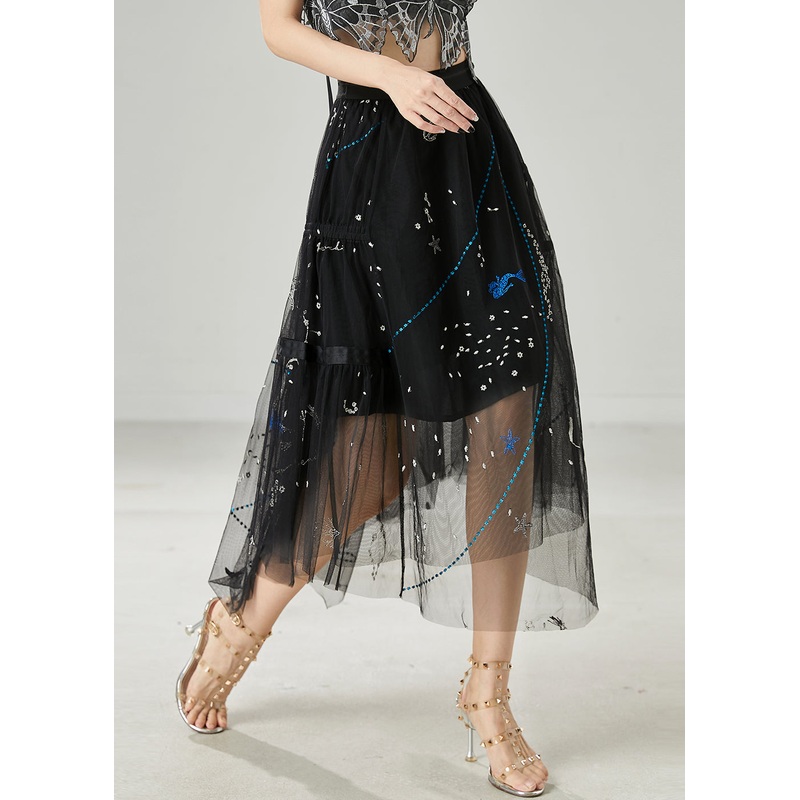 Casual Black Sequins Rhinestone Tulle Skirts Summer