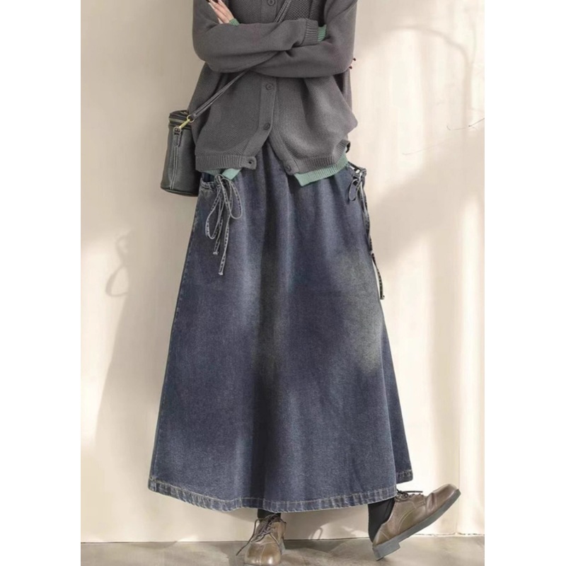 Casual Blue Elastic Waist Lace Up Denim Skirt Spring