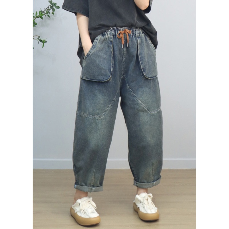 Casual Blue Oversized Big Pockets Denim Harem Pants Spring