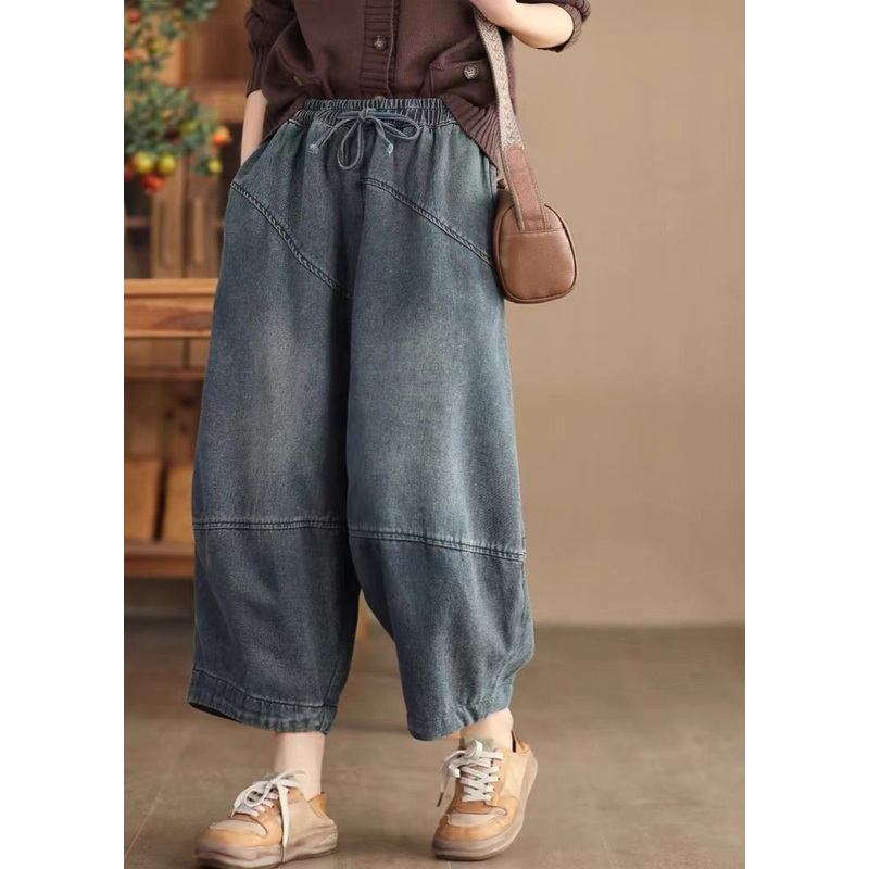 Casual Blue Pockets Elastic Waist Cotton Harem Pants Spring