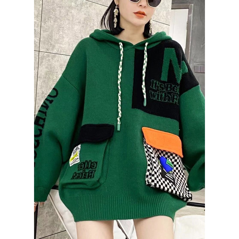 Casual Green Hooded Pockets Patchwork Knit Pullover Spring