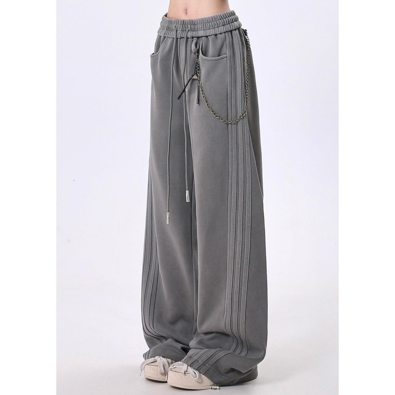 Casual Grey Pockets Patchwork Elastic Waist Cotton Pants Spring